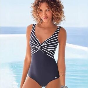 Women's LASCANA Navy and White Striped Tummy Control Swimsuit - Size 6, D Cup